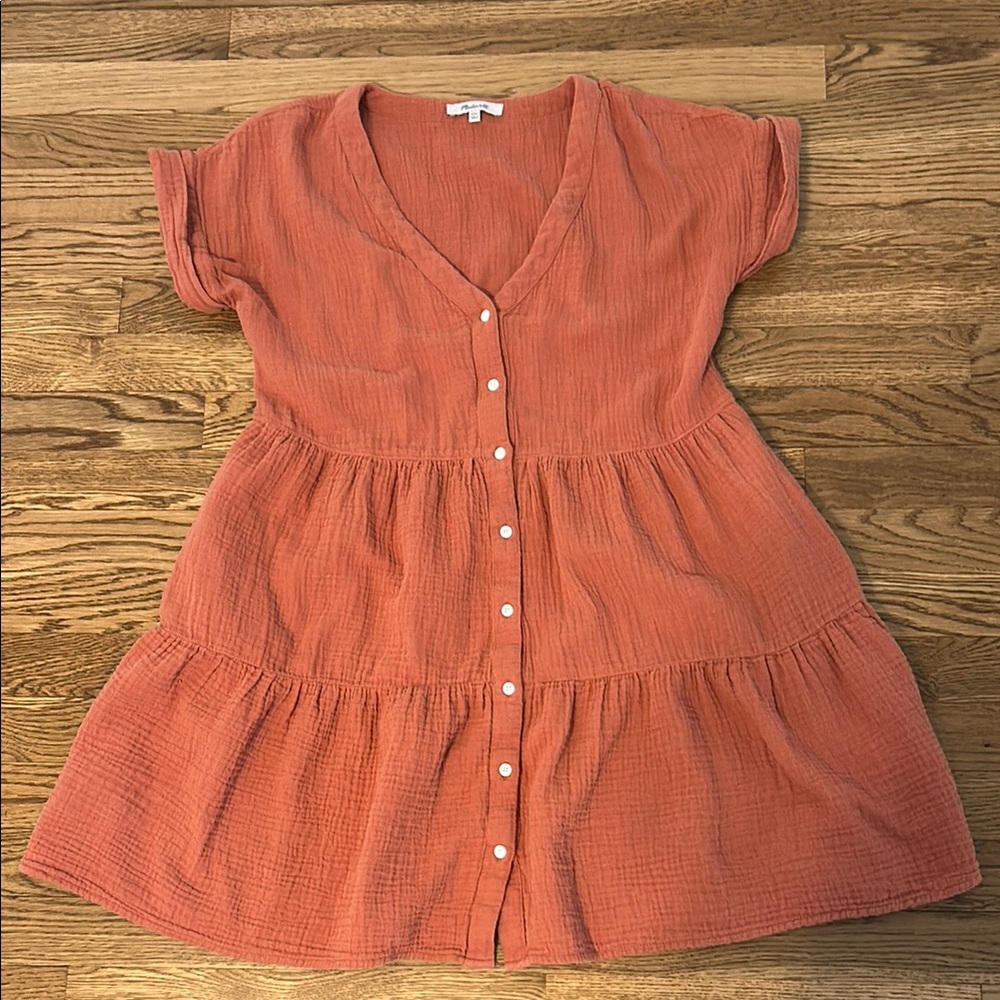 Lightspun Cuff-Sleeve Button-Front Tiered Mini Dress by Madewell
